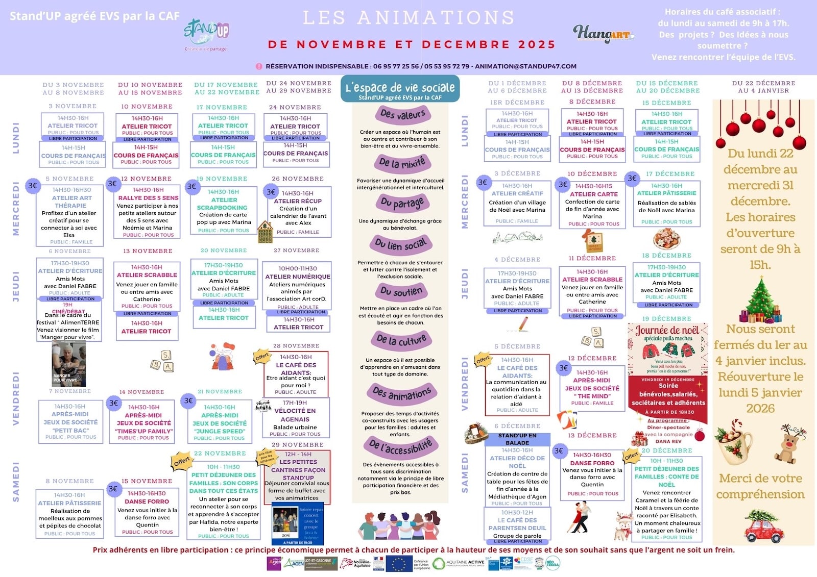 Agenda des animations - Novembre et Décembre